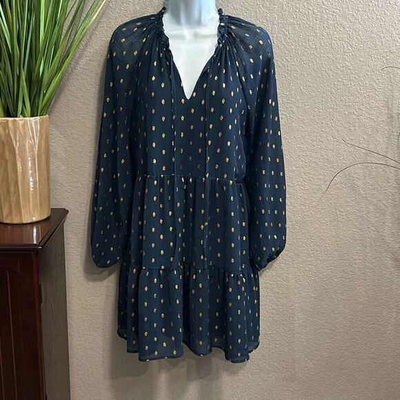#542 Blu Pepper navy blue gold leaf, long sleeve, Boho style dress size medium - Picture 1 of 11
